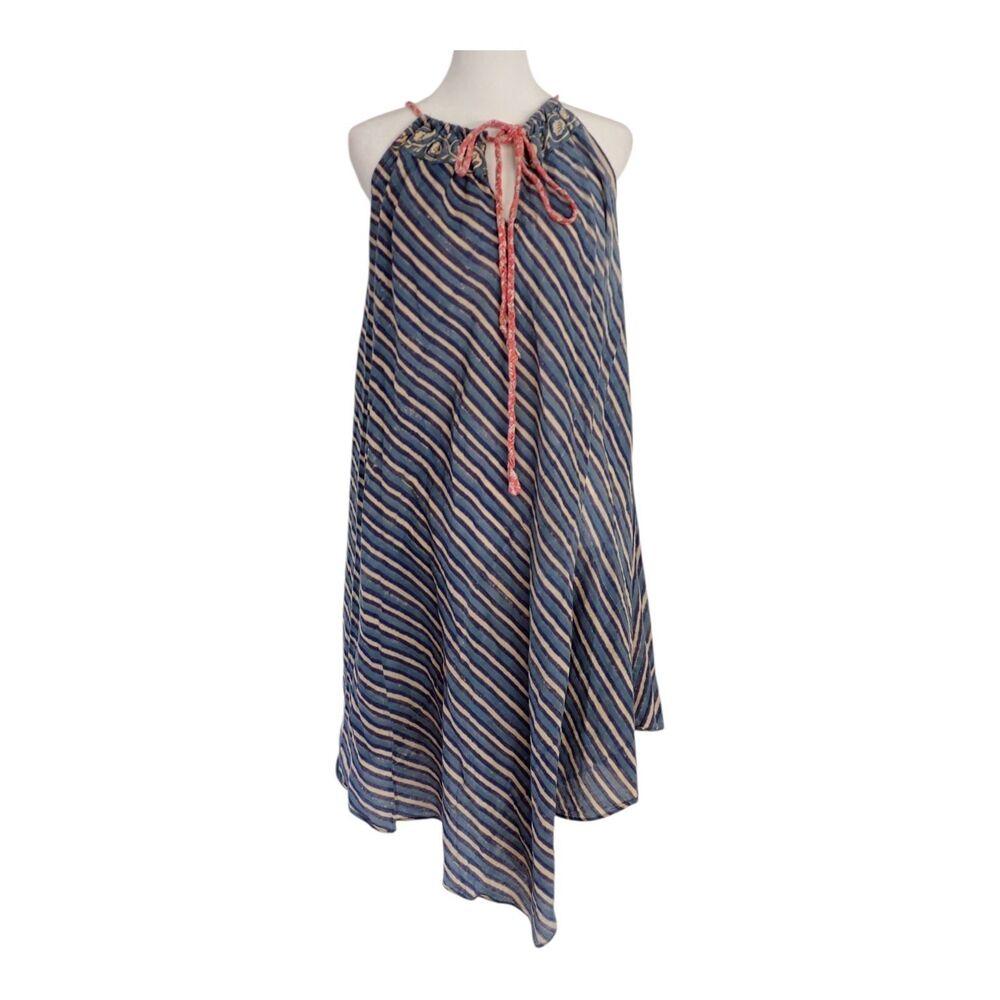 Joshi Nandita Joshi Dress M Blue Striped Boho Halter Tie Neck Cotton Beach Swim